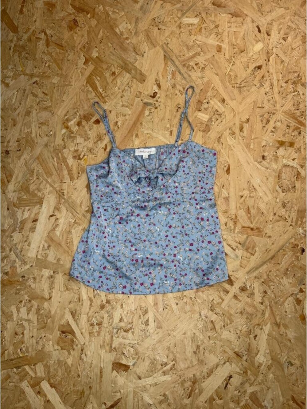 Pink Rose Floral Cami Top Womens Small Blue Tie Front Adjustable Straps